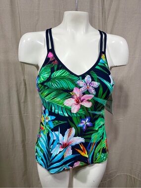Beach House Tropical Floral One-Piece Tank - Navy with Pink & Green